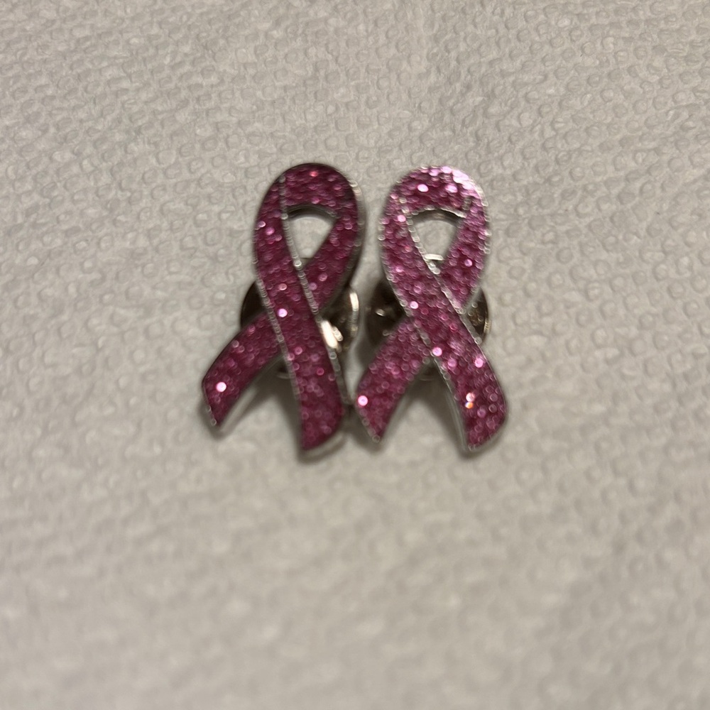 BREAST CANCER AWARENESS Set of 2 Pink GLITTER Ribbon Pins - Picture 2 of 7
